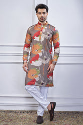 Grey Silk Floral Printed Kurta Pajama